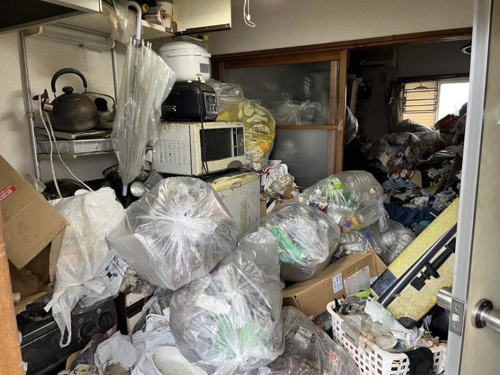 コンロも冷蔵庫もゴミに埋もれた状態