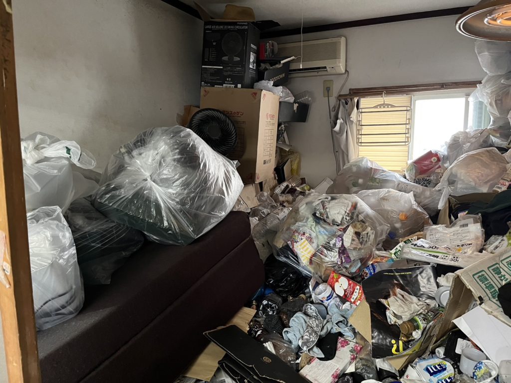 エアコンや窓の一部は積み重なったゴミでふさがれた状態