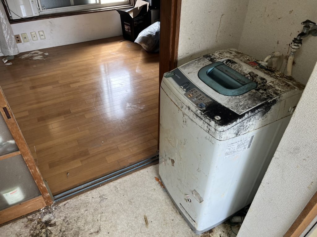 ゴミがなくなったことで、床の色も見え動かない洗濯機も運び出せるようになりました