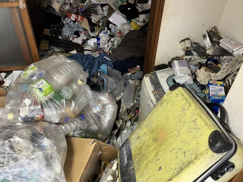 ゴミが室内への行く手を阻み、洗濯機の蓋を開けることも不可能な状態