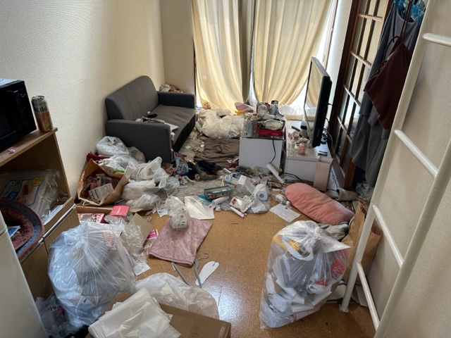 カーテンが閉め切りでゴミだらけのリビング