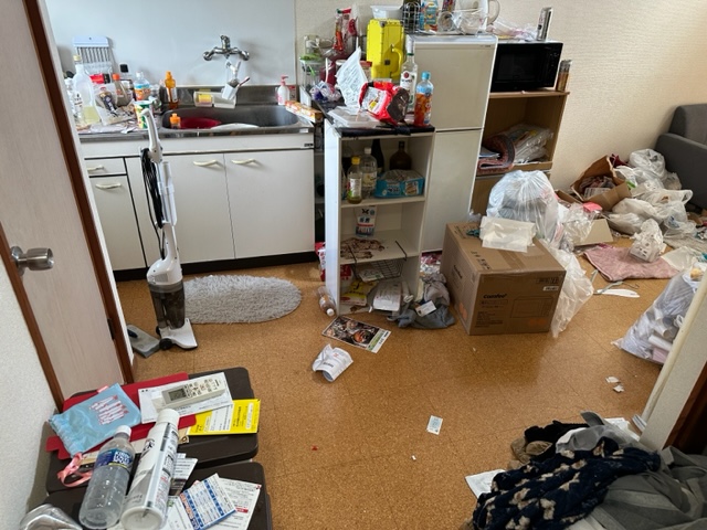 床にゴミが散乱したキッチン 深紅の周りには調味料が置いてある状態