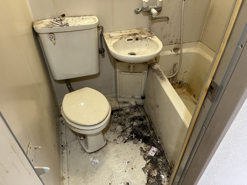 ゴミと防水カーテンを回収した後のユニットバス