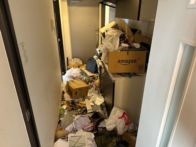 埼玉県所沢市のゴミ屋敷片付け，ゴミで床が見えなくなっている廊下部分